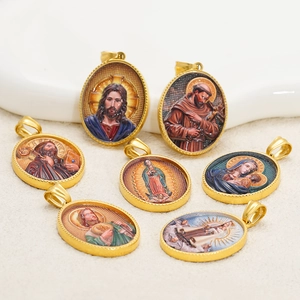 Set of 7 vintage 18k gold-plated stainless steel religious oval enamel saint pendants