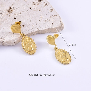 Detailed view of vintage gold embossed oval portrait earrings with scallop studs