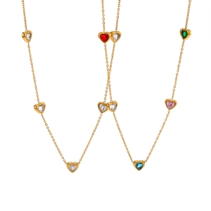 18K gold plated titanium necklace with colorful heart-shaped cubic zirconia stones