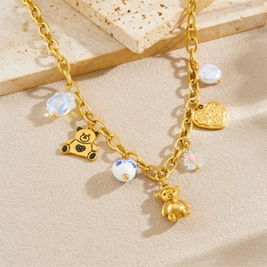 Golden chunky chain necklace with cute 3D bear pendants and colorful painted beads