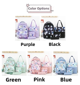 Detail view of colorful cute cartoon bear school backpack set in five pastel colors