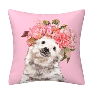 Close-up of a pink pillowcase with a digital print of a cute puppy wearing a flower crown