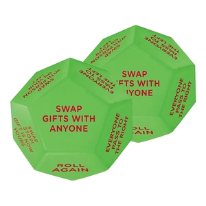 Green Santa Swap Gift Exchange Dice with red game instructions for holiday parties
