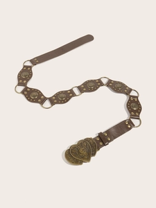 Detailed view of bohemian brown PU leather belt with heart-shaped bronze rings and studs