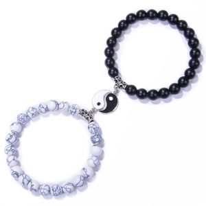 Yin Yang Taiji Couple Beaded Bracelets Natural Stone Matte Black And White Howlite Alloy Charm Elastic Cord Jewelry