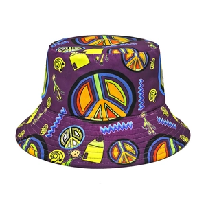 Reversible Bucket Hat Women Polyester Peace Sign Graffiti Print Sun Protection Streetwear Retro Hip Hop Double Sided