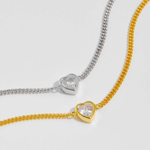 Minimalist S925 silver heart bracelet with gold and silver chain and zircon charms