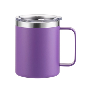Detail view of purple 12oz stainless steel mug with matching handle and clear sliding lid