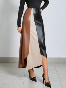 Women's high waist PU leather patchwork skirt in black, coffee, and beige color block style