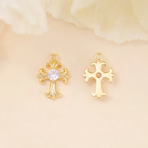 Golden metal cross pendants with clear zircon stones for DIY jewelry making