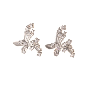 Silver butterfly screw back earrings with sparkling zircons on white background