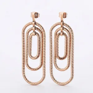 Geometric Multi Layered Oval Drop Stud Earrings Stainless Steel Twisted Cable Texture Spiral Modern Fashion For Women