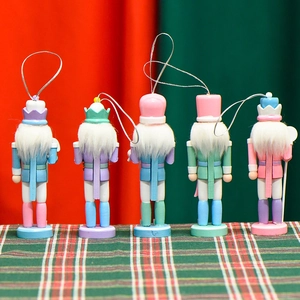 Set of five 13cm macaron wooden nutcracker soldier ornaments with hanging strings