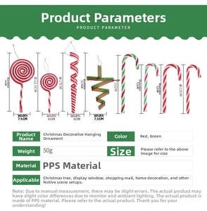 Detailed size specifications for red and green PPS Christmas candy ornaments and tree decor