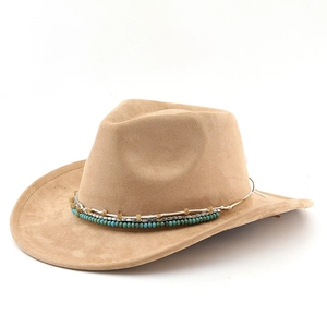 Ethnic western khaki suede cowboy hat with turquoise and silver beaded band detail