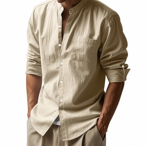 Men's breathable linen long sleeve shirt with stand collar and pocket in beige