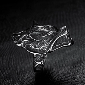 Viking wolf head ring for men in antique silver finish with detailed metallic texture
