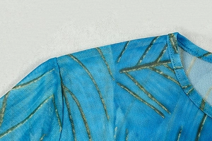 Detailed view of the round neckline and printed mesh fabric of the slim blue dress