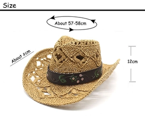 Detailed size specifications of hollow woven straw cowboy hat with floral leather band
