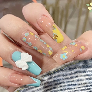 Long Trapezoid Press On Nails With Dimensional White Bow Blue Yellow Flower Glossy Fake Nails For Women Sweet Manicure