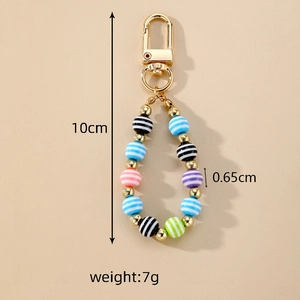 Detailed view of colorful striped resin beads keychain with golden lobster clasp and dimensions