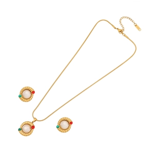 Vintage gold necklace and earrings set with square cat eye stone and colorful gems