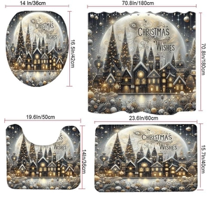 Vue détaillée de l'ensemble de bain de Noël avec rideau imperméable et tapis antidérapants
