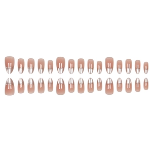 French cat eye press-on nails set with silver metallic mirror tips and nude oval base