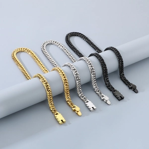 Polished stainless steel Cuban link bracelets in gold, silver, and black finishes