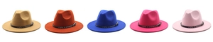 Row of colorful wool fedora hats featuring embossed black bands and metal buckles