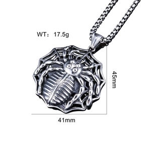Macro shot of a 41x45mm spider pendant in antique silver stainless steel weighing 17.5g