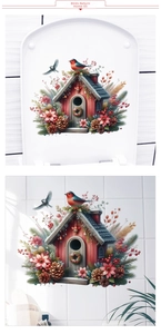 Detail of Christmas birdhouse sticker with robin and pink flowers on bathroom wall surface