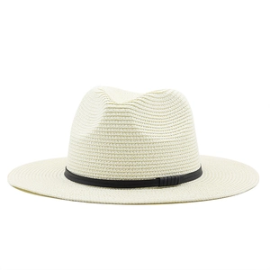 Straw Panama hat in beige with black ribbon band for summer beach sun protection