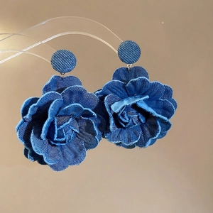 Vintage denim fabric flower earrings with layered petals and pearl studs for women