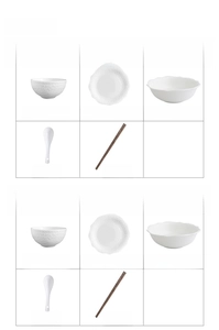 Detailed grid view showing white embossed ceramic bowl, plate and spoon set components