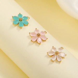 18K gold plated copper 6-petal flower pendants with colorful zircons for DIY jewelry