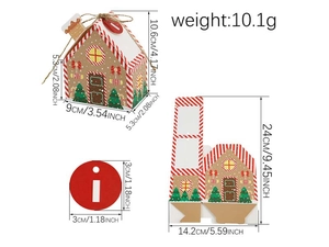 Detailed dimensions of house-shaped gingerbread Christmas candy box with tag measurements
