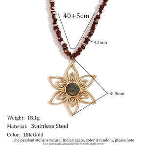 18K gold plated stainless steel necklace with brown beads and green agate flower pendant