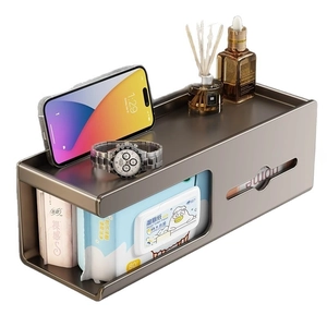 Wall-mounted double-layer bathroom tissue box holder with shelf and phone stand
