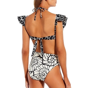 Back view of high waist bikini featuring ruffle sleeves and black white floral patterns