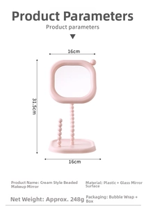 Technical specifications and dimensions for the pink beaded style desktop makeup mirror