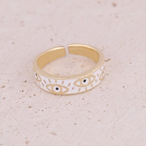Adjustable gold ring with white enamel Evil Eye and micro-set zircon on stone base