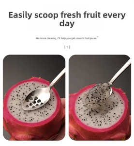 Detail of 304 stainless steel baby spoon scraping fresh dragon fruit into smooth puree