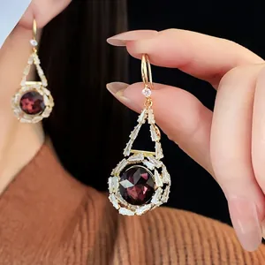 French retro style gold earrings with purple round crystal and zircon halo pendant