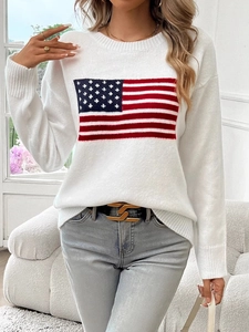 Women's loose white knit sweater featuring an American flag print and casual crew neck