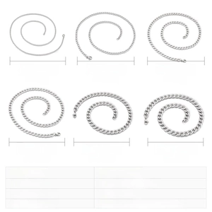 Size chart showing various lengths and widths for stainless steel cuban link chains