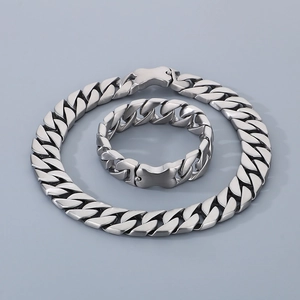 Detailed view of silver Cuban link chain set with creative bone-shaped clasp design