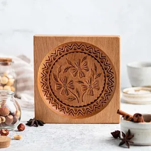 Rectangle beechwood cookie mold with intricate floral carving for creative baking