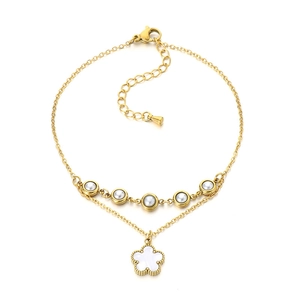 Double-layered golden stainless steel anklet with shell flower pendant and white beads