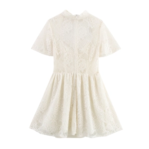 Elegant white lace short sleeve dress with a stand collar and A-line pleated skirt